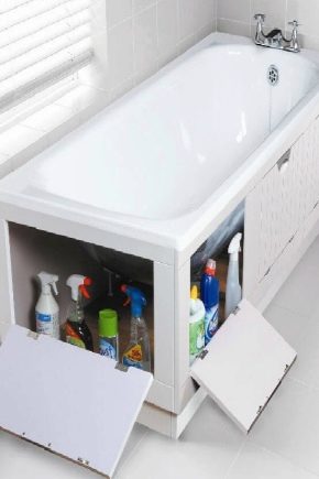 Pare-baignoire avec étagères pour ranger les produits chimiques ménagers: caractéristiques de conception et méthodes d'installation